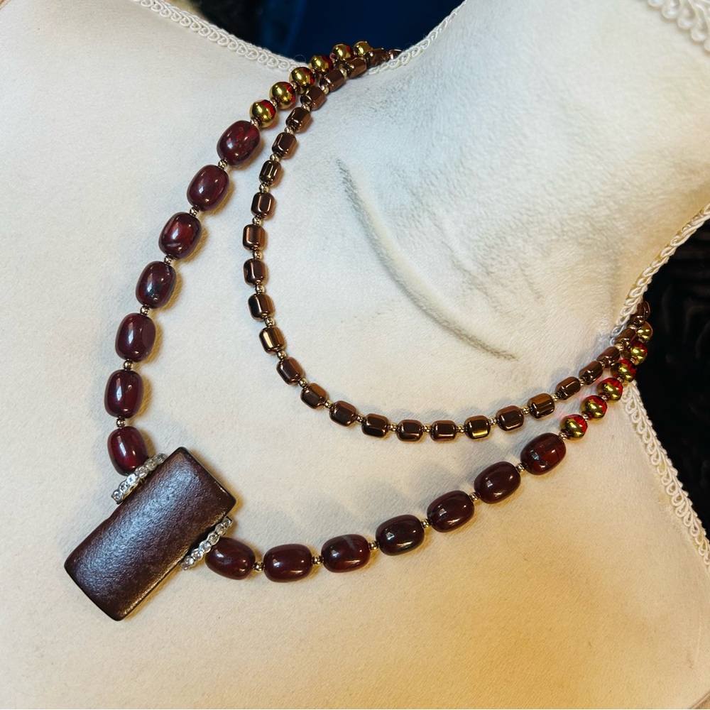Handcrafted double strand oil slick di-cut glass red jasper barrel necklace